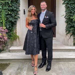 Jason wu collection authentic navy floral strapless a line midi gown